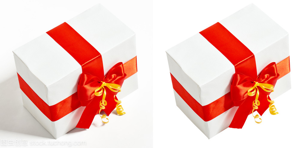 禮品盒裝飾紅絲帶和蝴蝶結(jié),工作室白色背景上的對(duì)象